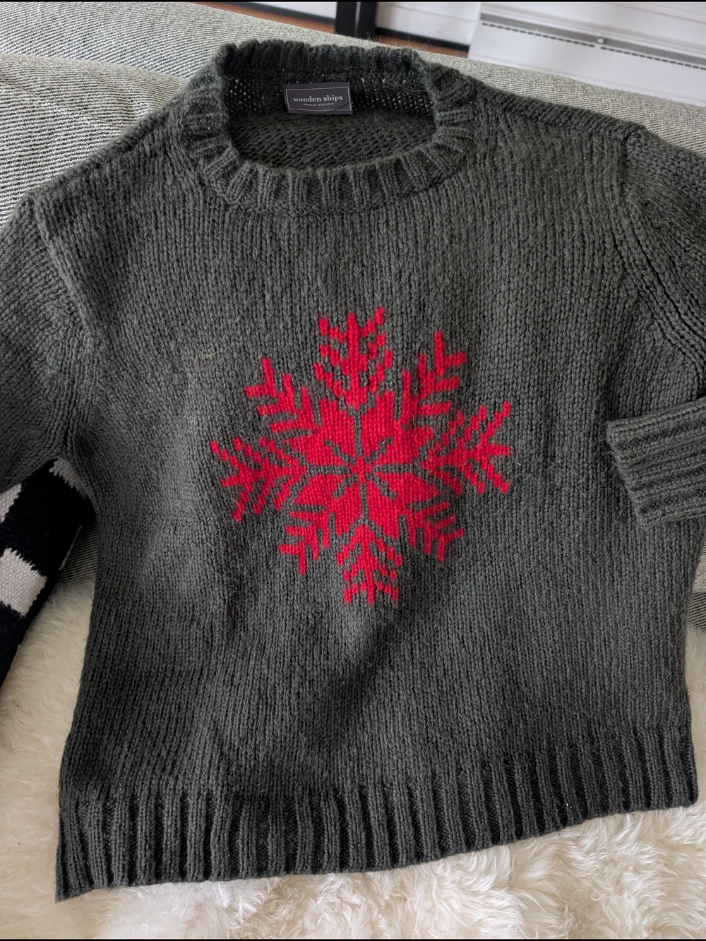 Wooden Ships Dark Green Crewneck Sweater with Red Snowflake